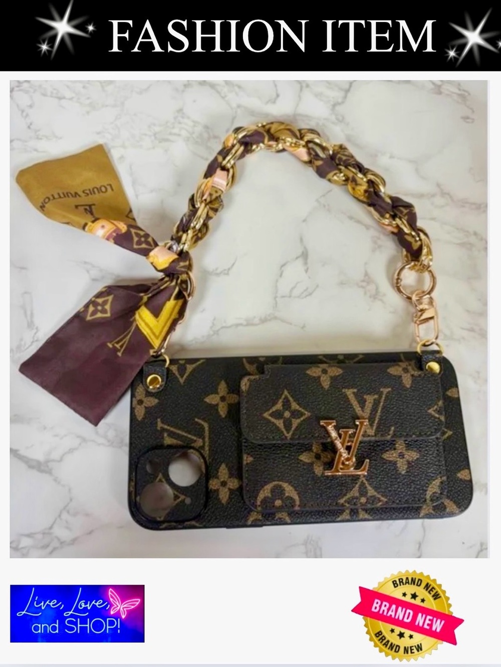 PHONE CASE: iPhone 14 LV Monogram, Gold Hardware w/LV Braided Scarf Chain, NWOT
